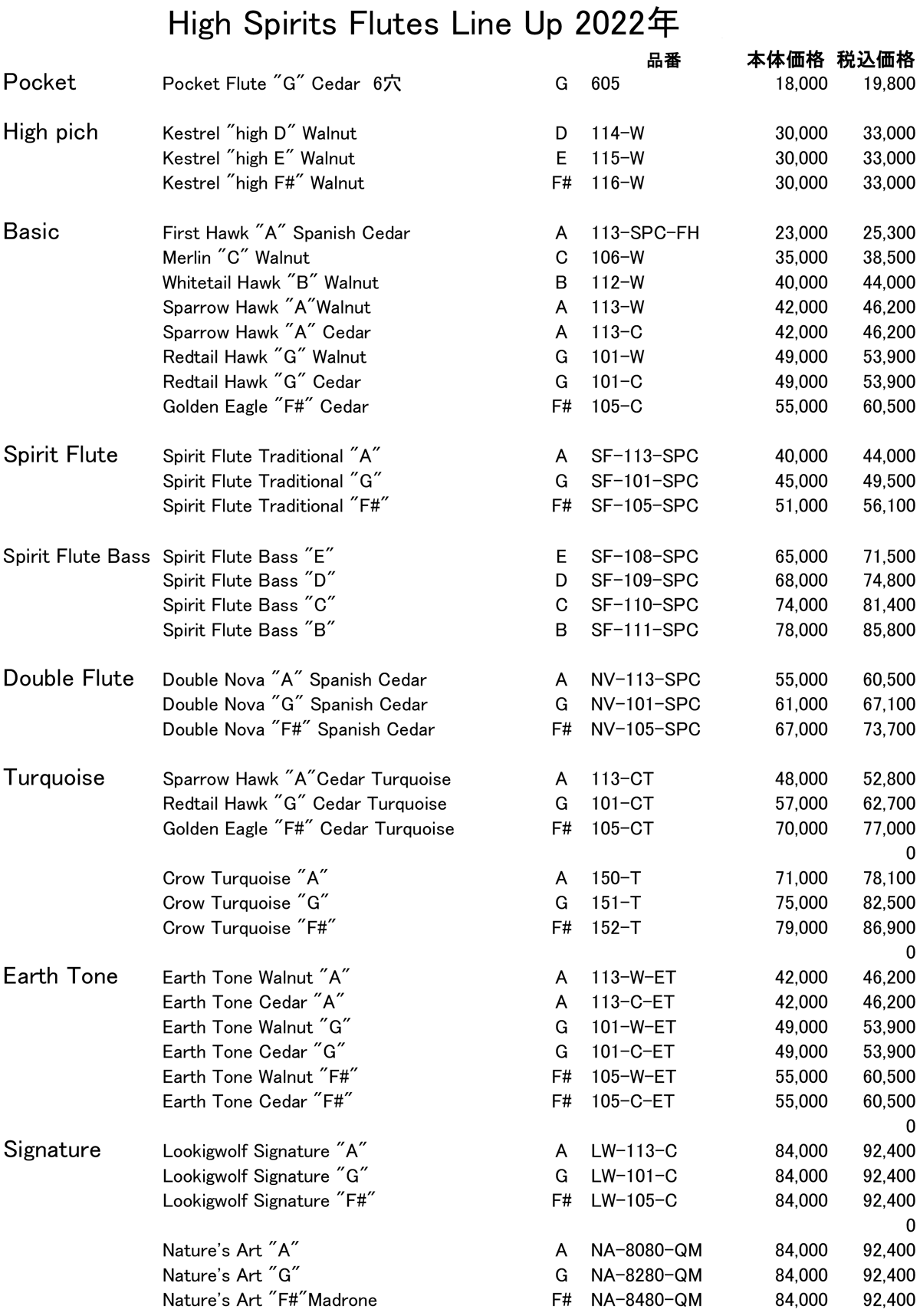 インディアンフルート ハイスピリッツ価格表1