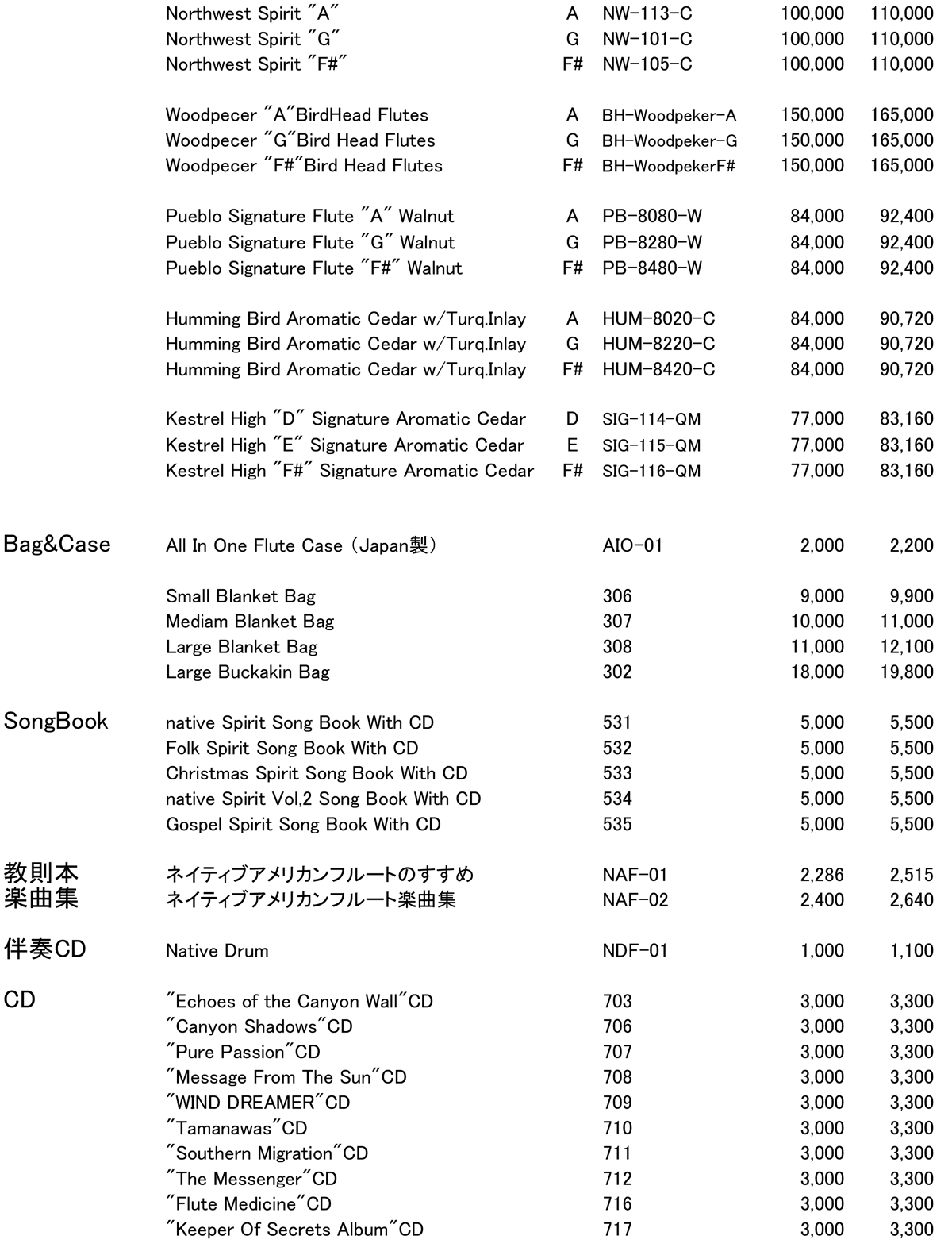インディアンフルート ハイスピリッツ価格表2