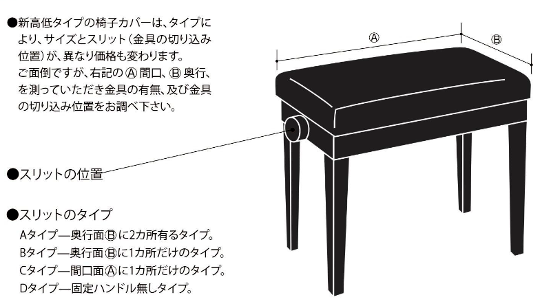 新高低椅子カバーは、間口（幅）×奥行きのサイズとスリットタイプ（ハンドルの数と位置）をお知らせください。